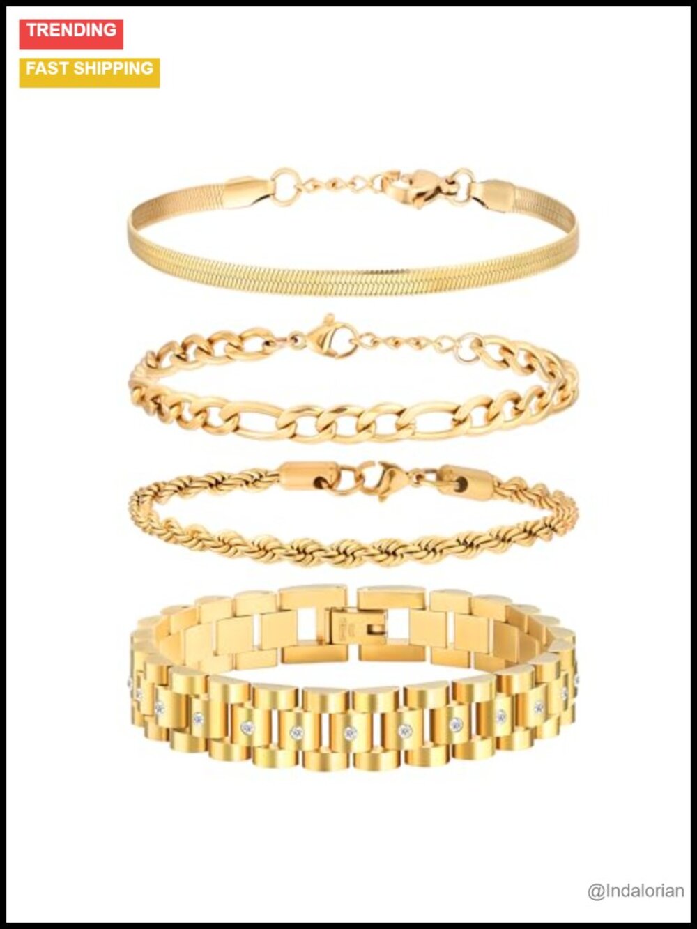 4-Piece 18K Gold-Filled Bracelet Set Cuban Link Herringbone Rope Adjustable